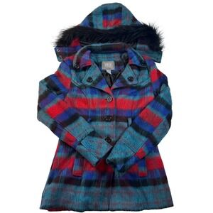 BKE Outerwear Women's Plaid Hooded Coat with Faux Fur Trim Size Small